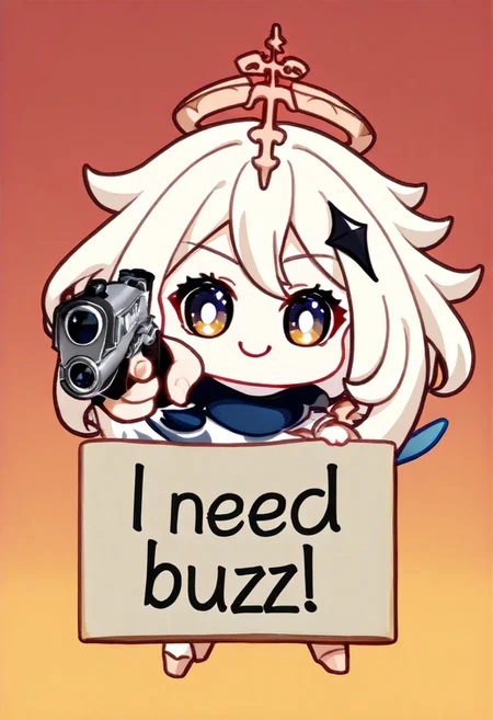 realisticvision-negative-embedding, genshin impact artstyle, chibi, Paimon_(Genshin_Impact), need_buzz, holding sign, cutely smiling, white hair, holding weapon, handgun, holding gun, aiming at viewer, revolver, finger on trigger, sunrise background