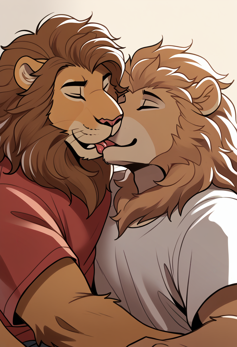 high quality, hires, by braeburned, furry, anthro, 2boys, duo, male, lion, mane, shirt, kiss, <lora:Braeburned_style:1>