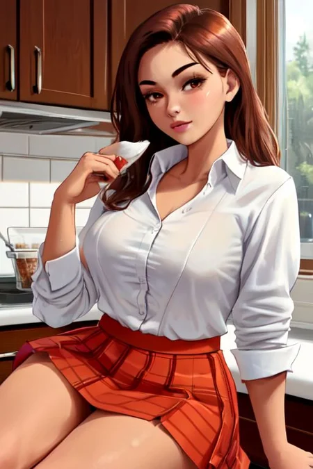 1girl sits on kitchen counter top, breakfast serve bacon and egg, white shirt open button, shirt and skirt , white shirt, red orange skirt,