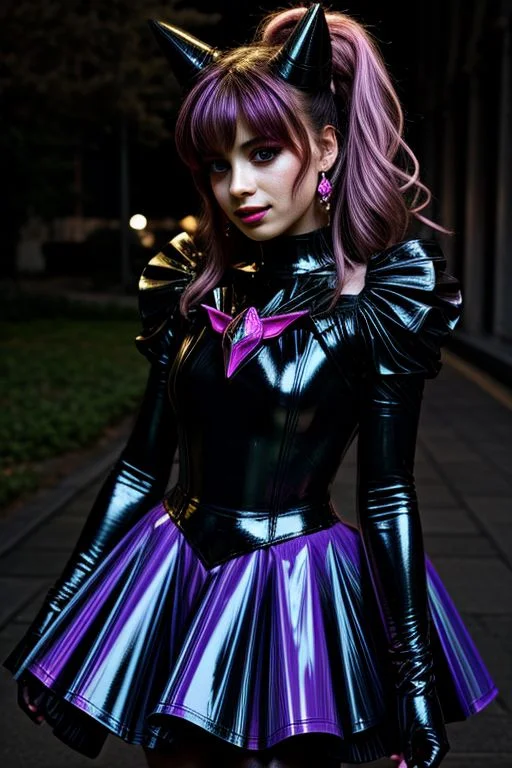 evil corrupted young princess wearing dark pastel (ruffled:1) (gleaming rubber:1.5) EvlSM DarkPrecure Bad_End_Precure gown with (long rubber cape:1) and rubber elbow bridal gauntlets, (Perfect Face:1), soft lighting, glossy red lips, ruffles,