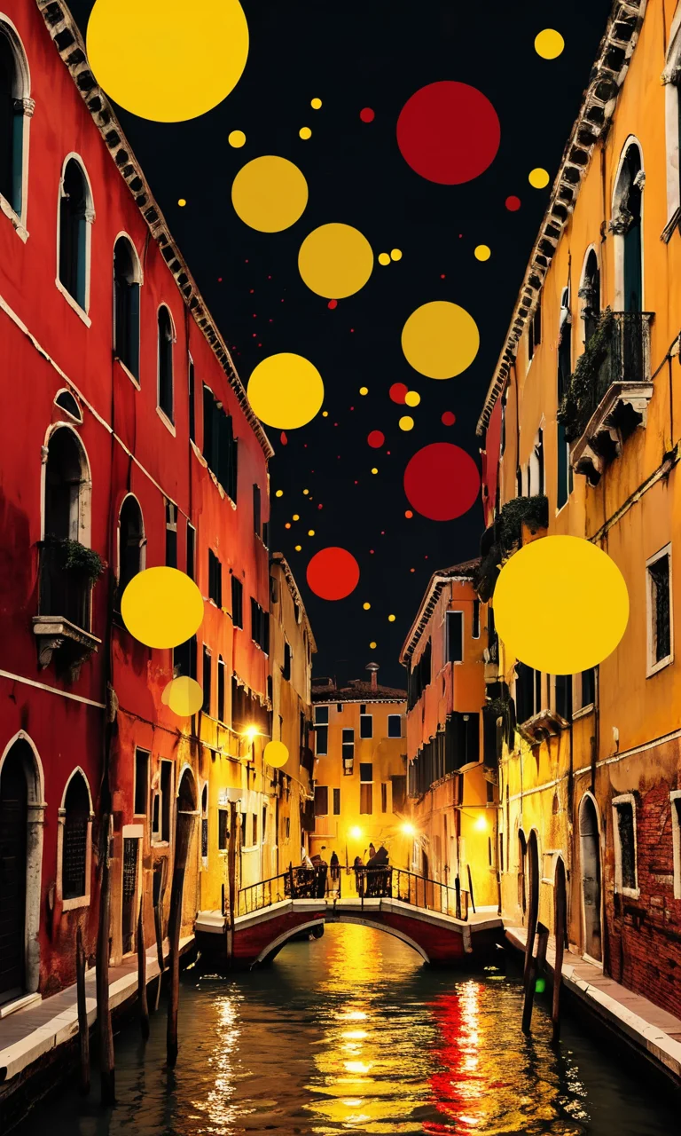 4n1v3rs3, zPDXLrl, (Venice city silhouette), abstract yellow, red, and black artwork in the style of Kandinsky with circles and dots against a dark background with dark tones, yellow highlights, and yellow paint splashes framed against a dark yellow background in a graffiti style on a dark red background, SimplePositiveXLv2, <lora:add-detail-xl:2>