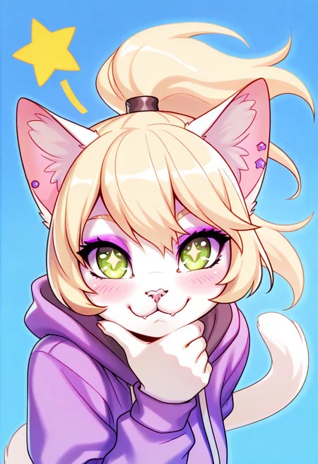 masterpiece, best quality, good quality, newest, highres, absurdres, cutie, full body portrait, looking at viewer,
Alisa, 1girl, solo, furry female, cat girl, green eyes, eyeshadow, animal ears, cat tail, long hair, blonde hair, ponytail, animal nose, body fur, white fur, snout, blush, barefoot,
purple hoodie, solid earrings, star \(symbol\), star-shaped pupils, symbol in eye, star in eye, :3,
hand up, dynamic pose, mischief, hyperactive, colorful themes, high saturation, excitement mood, blue background, haiz_ai, no lineart, no outline, chwo,