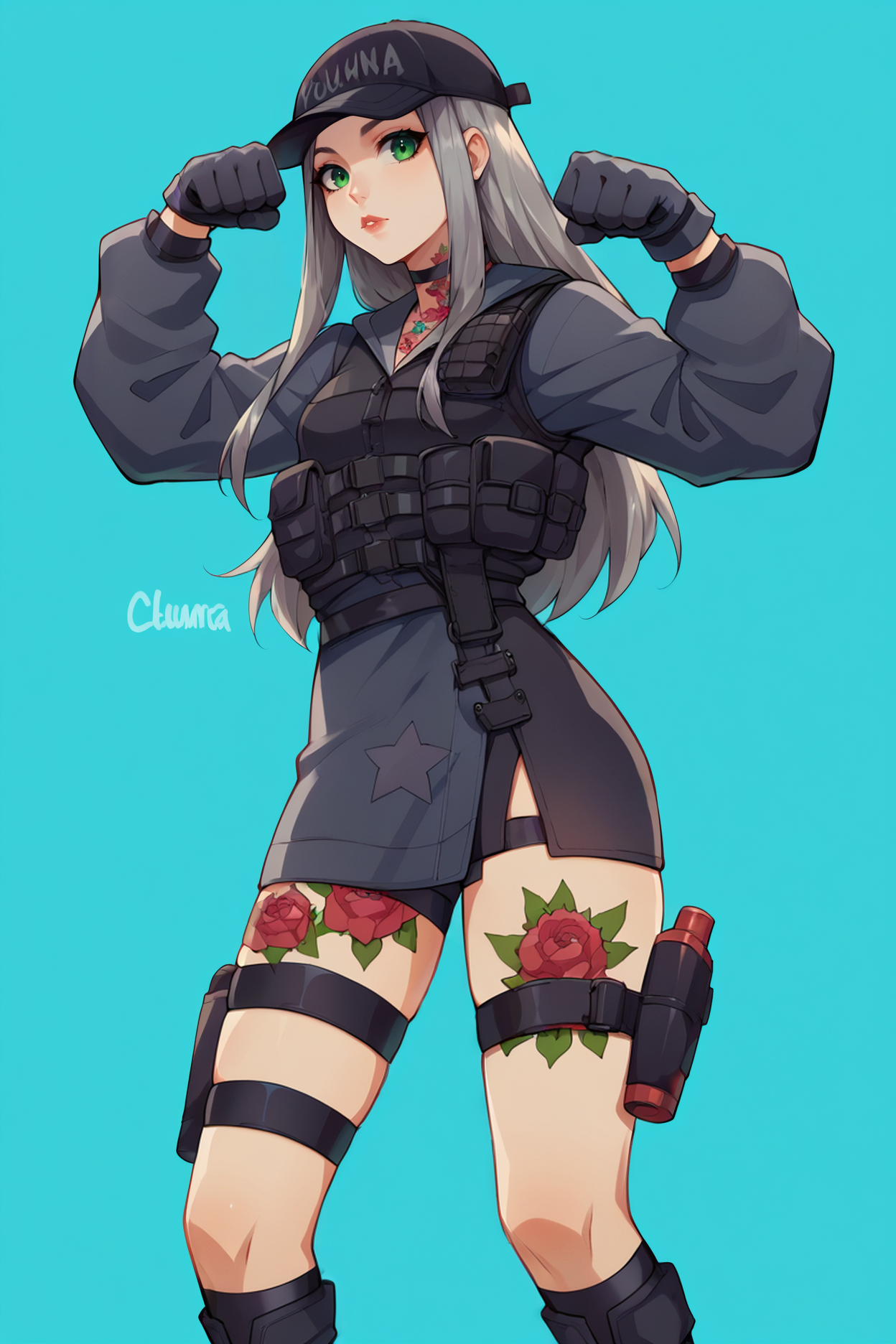 score_9, score_8_up, score_7_up, score_6_up, source_anime, 1girl, chigusafn, green eyes, grey hair, long hair, straight hair, tattoo, tactical clothes, baseball cap, thigh strap, holster, kneehighs, boots, black footwear, black gloves, paw pose, looking at viewer, blue background,
<lora:Chigusa_Fortnite-000010:1>