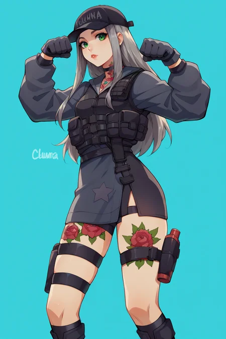 score_9, score_8_up, score_7_up, score_6_up, source_anime, 1girl, chigusafn, green eyes, grey hair, long hair, straight hair, tattoo, tactical clothes, baseball cap, thigh strap, holster, kneehighs, boots, black footwear, black gloves, paw pose, looking at viewer, blue background,
<lora:Chigusa_Fortnite-000010:1>