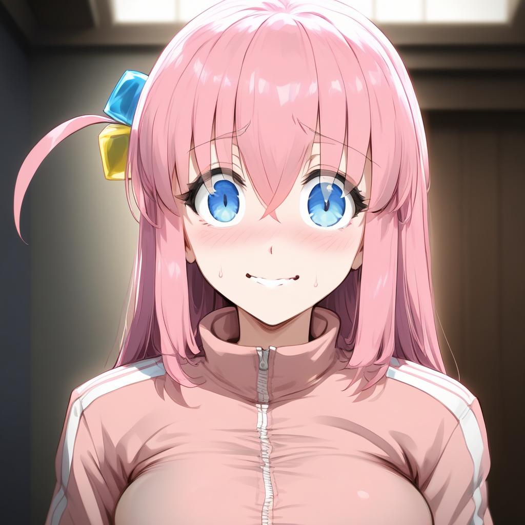 (extremely detailed CG unity 8k wallpaper),eye catching,(masterpiece), (best quality), (ultra-detailed), extremely detailed,(best illustration), an extremely delicate and beautiful ,CG ,unity ,8k wallpaper,solo, smile, masterpiece, best quality, smile, highly detailed,  score_4_up, score_anime, score_realstic, gotou1, gotou hitori, solo, skirt, pink jacket, track jacket, bangs, hair between eyes, long sleeves, medium breasts