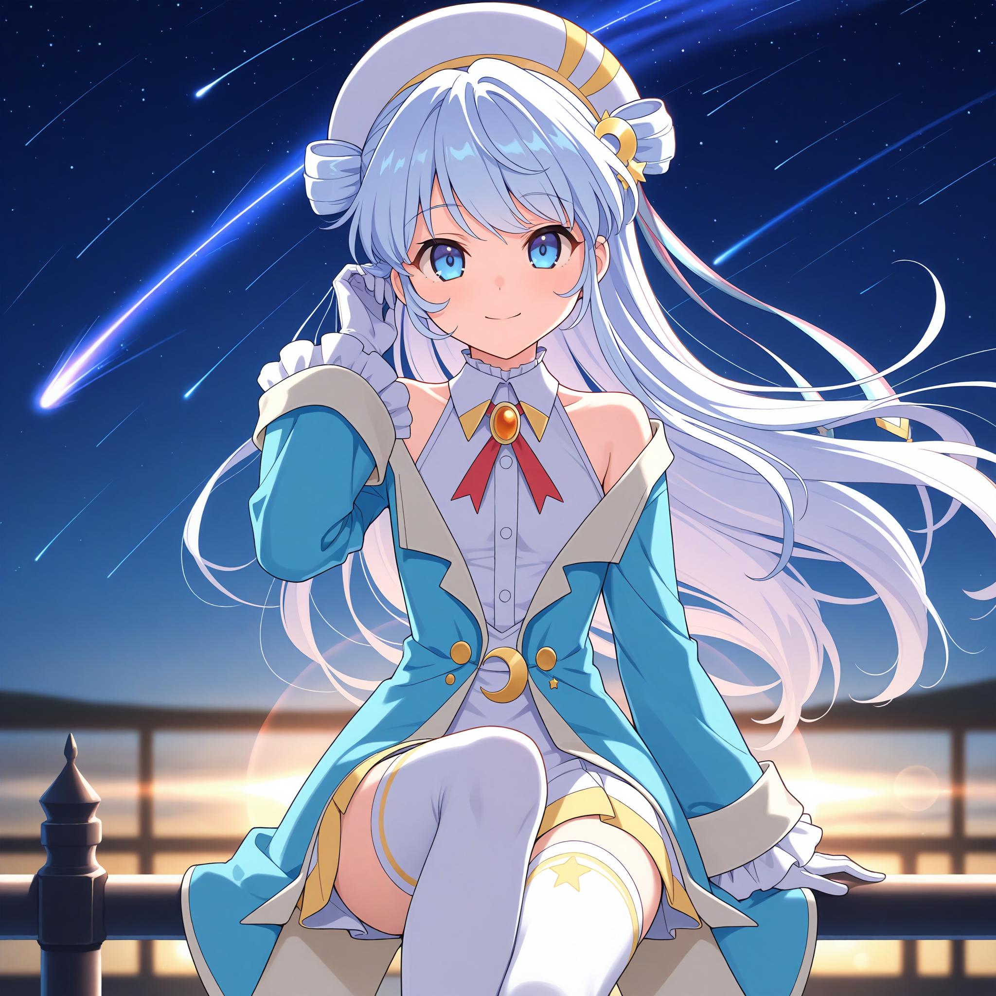 <lora:Dia_Viekone_1_nai-000034:1>,Dia Viekone,double bun,star hair ornament,crescent hair ornament,
official outfit,hat,white thighhighs,white gloves,white shirt,collared shirt,sleeveless shirt,elbow gloves,neck ribbon,red ribbon,frills,blue jacket,long sleeves,frilled sleeves,off-shoulder jacket,dress shirt,
1girl,solo,smile,open eyes,night,sitting,on railing,knee up,looking_at_viewer,cowboy_shot,sky,meteor shower,face_focus,front view,straight-on,depth of field,lens_flare,star \(sky\),starry sky,hand in own hair,wind,floating hair,