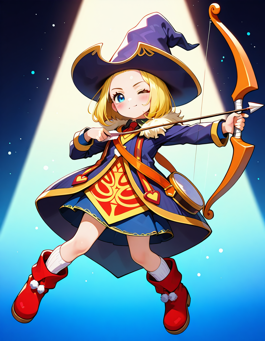 <lora:UsagaJudey_SDXL_Illustrious11_fp16_ver06:1>,UsagaJudey,1girl, solo,blonde hair,one length bob cut hair, forehead, blue eyes,witch hat,necktie,white socks,red boots,fur-trimmed dress,red tabard,skirt,red tabard,holding arrow, holding bow \(weapon\), one eye closed,, masterpiece, best quality, very aesthetic, absurdres,<lora:detailed_hands:1>,hand