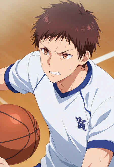 masterpiece, best quality, amazing quality,high resolution, intricate details,anime coloring,anime screencap , , , 1boy, solo, male focus,  <lora:Takeda:0.88>,takeda,brown hair,short hair,brown eyes,shirt, holding, white shirt, short sleeves, sweat, teeth, parody, clenched teeth, ball, sportswear, basketball
