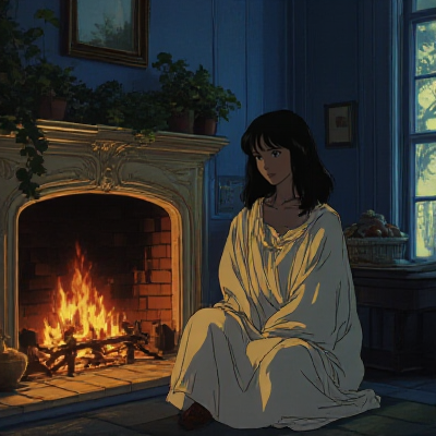 anime style,  a woman. She is next to a fireplace.  <lora:Anime_style:1>