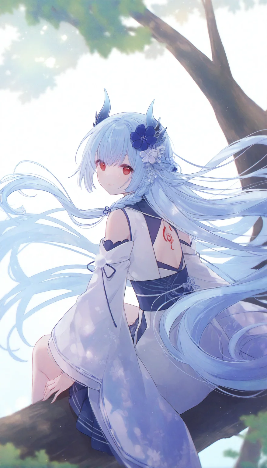 1girl, long hair, solo, flower, hair ornament, looking at viewer, horns, blue hair, detached sleeves, tattoo, wide sleeves, sitting, hair flower, very long hair, braid, red eyes, looking back, smile, kimono, japanese clothes, dragon girl, closed mouth, back cutout, in tree, dragon horns, animal ears, floating hair,
masterpiece,best quality,newest,absurdres,highres,very awa,<lora:sei3_noob1.1-000200:0.9>,