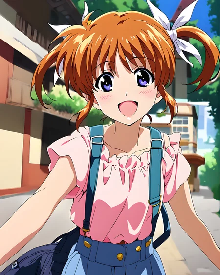 <lora:pony_xl_nanoha:0.8>,nanoha,score_9,score_8_up,score_7_up,source_anime,looking_at_viewer,looking in love,upper eyes,1girl,solo,casual,it's a lot of fun,laughing,:d,blush,cowboy_shot,