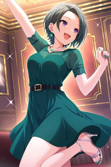 masterpiece, best quality, amazing quality,
<lora:Suzu_IL:1> suzu, 1girl, dress, solo, black hair, green dress, jewelry, high heels, necklace, short hair, open mouth, smile, purple eyes, toenail polish, indoors, nail polish, arm up, belt, sparkle, earrings, toenails, :d