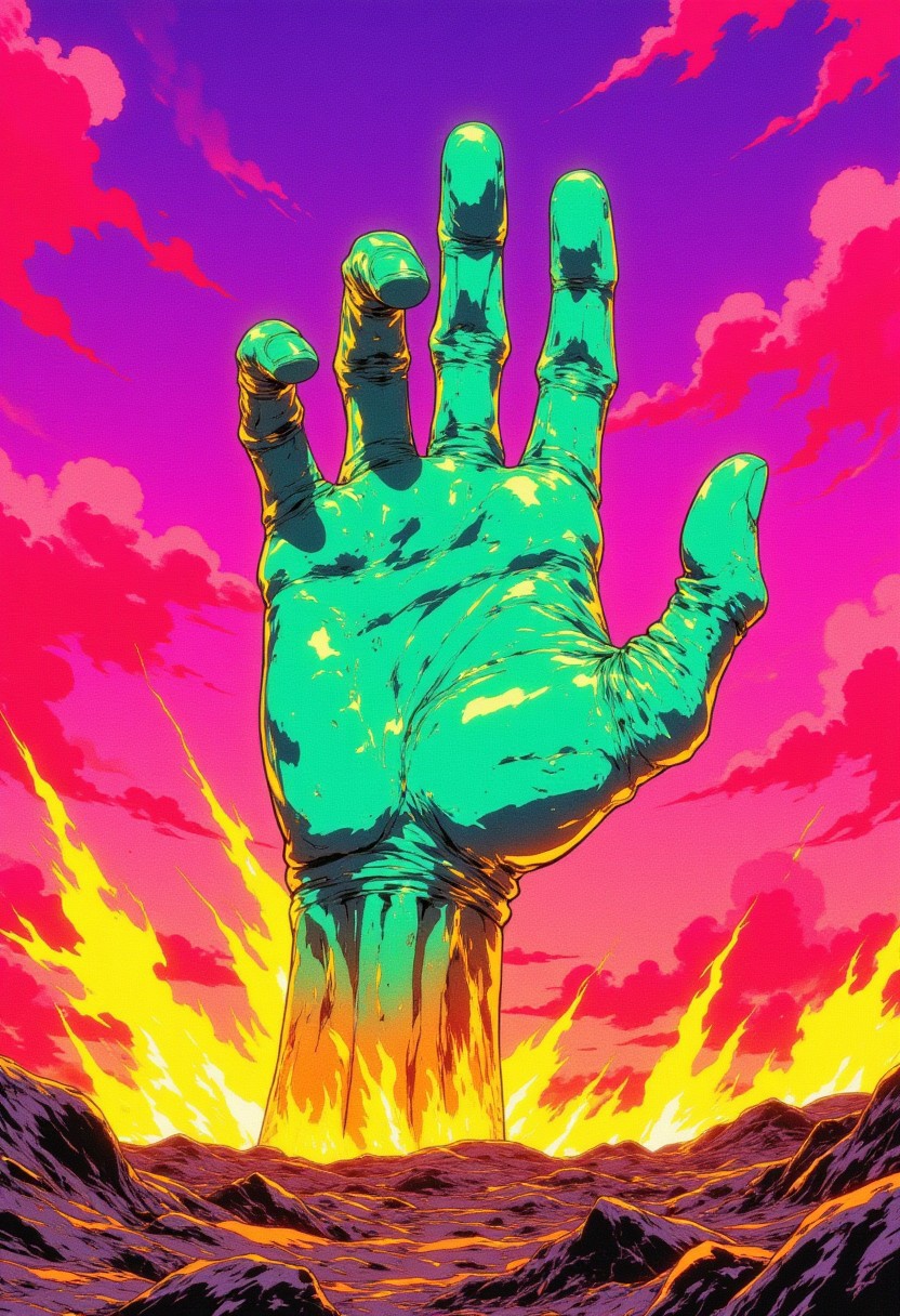 cinematic film still award winning photo .Stark Pink and purple sky with turquoise and lime hand emerging from the earth amids orange and yellow flames,shallow depth of field, vignette, highly detailed, high budget, bokeh, cinemascope, moody, epic, gorgeous, film grain, grainy,anime, cyberpunk, Comic book style,CAICO