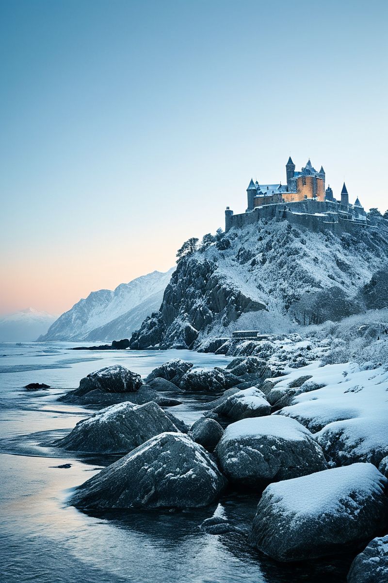 (((a snow-covered mountain range, with a castle perched on a rocky outcrop.))), Muted Blues, Coastal Calm: soft lighting, blue tones, soft focus, serene ambiance, coastal elements, gentle textures, tranquil look, peaceful atmosphere, coastal aesthetics, capturing nature's beauty, calming emotions, coastal scenes, artistic feel, storytelling through textures, professional technique, gentle light manipulation, coastal concept, peaceful styling, tranquil environment, surreal aesthetics, captivating narratives, intricate details, coastal landscape, editorial storytelling, soft glows, evoking calmness, pushing creative vision <lora:add-detail-xl:2> <lora:Cosine_freck:1>