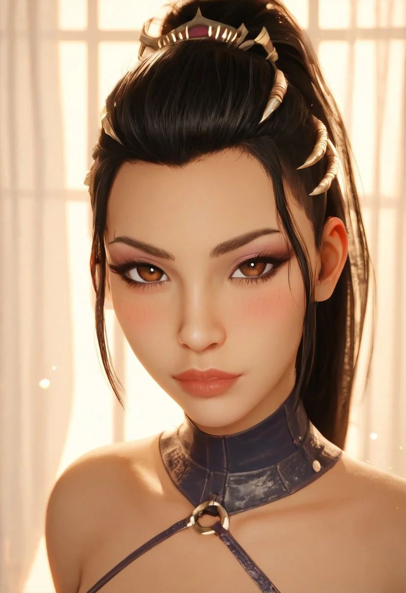 score_9, score_8_up, score_7_up, source_anime, sexy 22 year old girl sexy posing, mileenaxl, mileenaxl,black hair,ponytail,brown eyes, medium natural breasts, hair ornament,neck wear, sleeves, masterpiece, cinematic lighting, hot, sitting, cute eyes, 5300k, hyperdetailed photography, eye contact, white curtains in background, black bodysuit, cute, sexy, flushed, blushing, godrays, bokeh:1.2, sexy expression, seductive face, head tilted slightly down, seductive, look at viewer, perfect eyes, detailed face, face focus, blurred background, detailed eyes. light makeup,