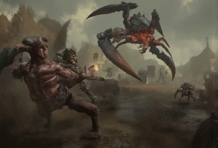 Score_9_up, absurdres, source: GamesWorkshop, grimdark, gothic horror, Warhammer 40000, a Tyranid Swarm of a Carnifex and alpha warriors rampaging, lifelike, hyperrealism, perfect hands, perfect anatomy, project unreal engine