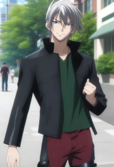 ((masterpiece)), ((best quality)), ((ultra-detailed)), ((absurdres)), score_9_up, score_8_up, score_7_up,
HD, top quality, best quality, amazing quality, High-quality illustrations, anime screencap, source_anime, best aesthetic, perfect proportions, perfect eyes, 1boy, 1male, solo boy, solo male, male focus, solo male focus, Anime, boy, male anime character, anime boy, handsome, cute, charming, sexy, good-looking, Vali Lucifer, silver hair, blue eyes, black leather jacket, popped collar, green shirt, burgundy jeans, chain, black chaps, ((slim body, lean body)), ((tall body, tall height)), ((smirk)), ((outside, public, street)), ((front view, front shot, facing front, view from the front))