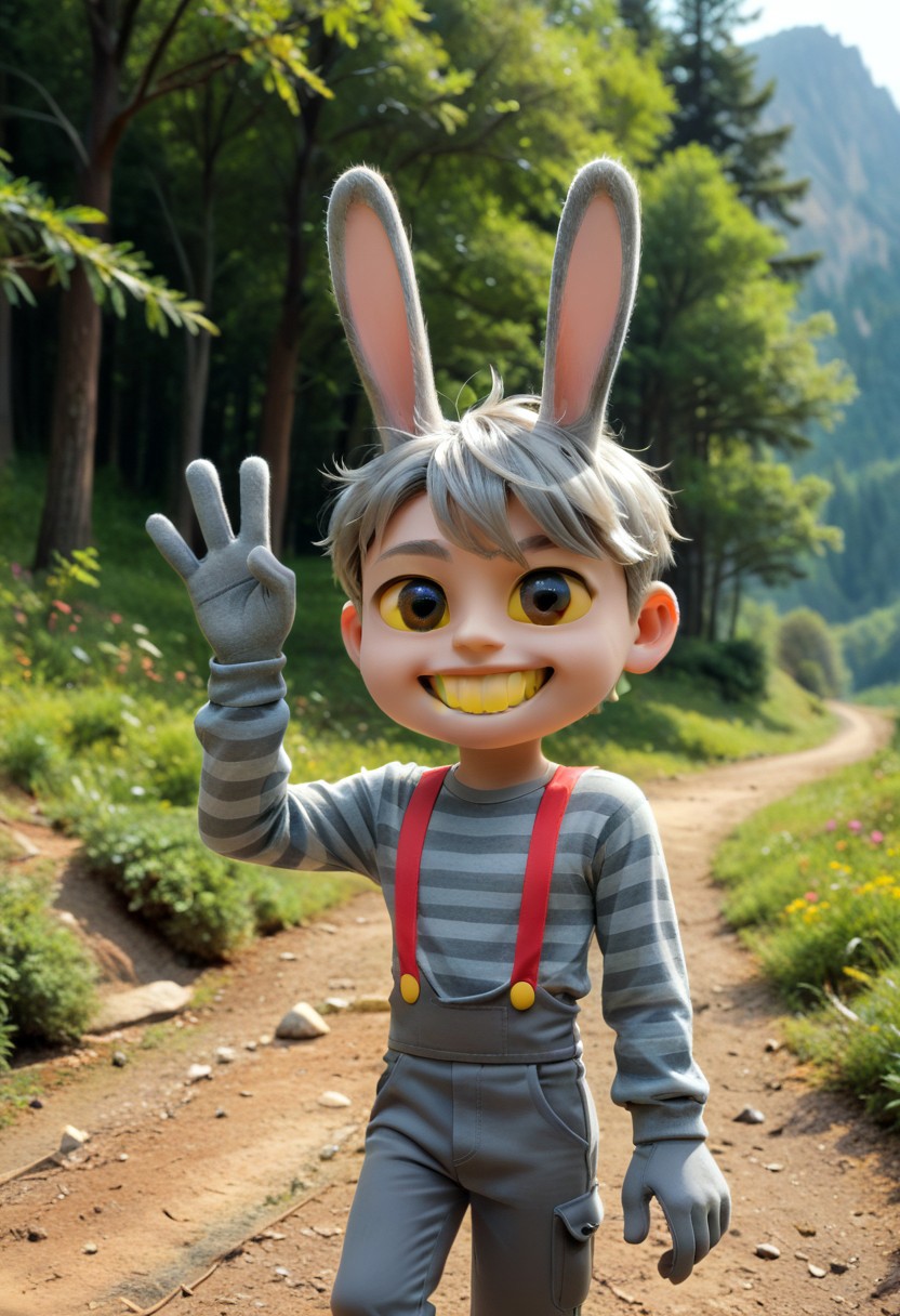 score_9, score_8_up, score_7_up, rating_safe, source_cartoon JaxTADC, solo, gloves, 1boy, animal ears, double waving, upper body, portrait, toes, animal ears, rabbit ears, suspenders, chibi:1.9, male focus, human:1.9, gray hair, hot gray striped shirt, pants, hot gray gloves, yellow sclera, colored sclera, Hot gray eyes, yellow teeth, rabbit feet, Hot gray cornea, straight hair, hiking trail