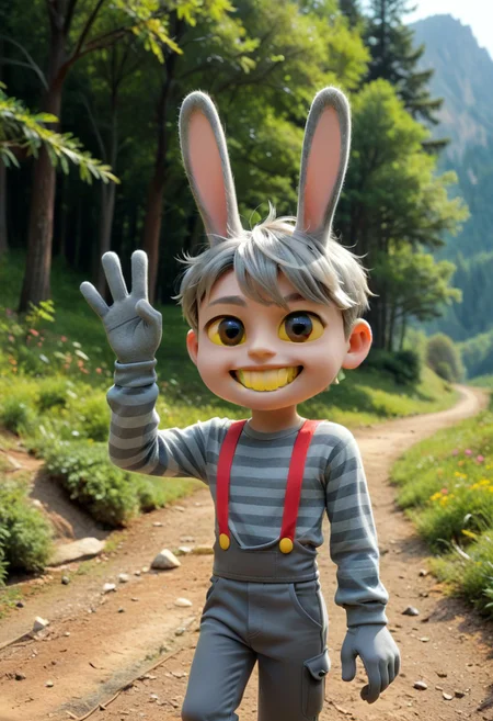 score_9, score_8_up, score_7_up, rating_safe, source_cartoon JaxTADC, solo, gloves, 1boy, animal ears, double waving, upper body, portrait, toes, animal ears, rabbit ears, suspenders, chibi:1.9, male focus, human:1.9, gray hair, hot gray striped shirt, pants, hot gray gloves, yellow sclera, colored sclera, Hot gray eyes, yellow teeth, rabbit feet, Hot gray cornea, straight hair, hiking trail