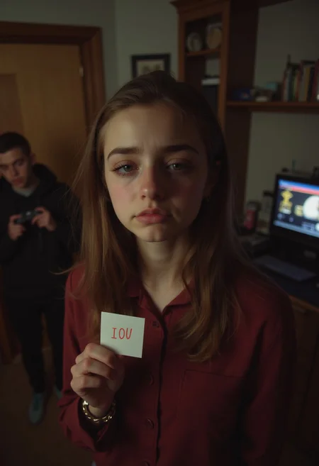 A young woman stands in the foreground, her eyes brimming with sadness, holding an "IOU" card meant for Valentine's Day. Her expression is a mixture of heartbreak and longing crying. In the background, through the doorway, her boyfriend is absorbed in his PlayStation game, oblivious to her feelings. The room is dimly lit, emphasizing the emotional distance between them