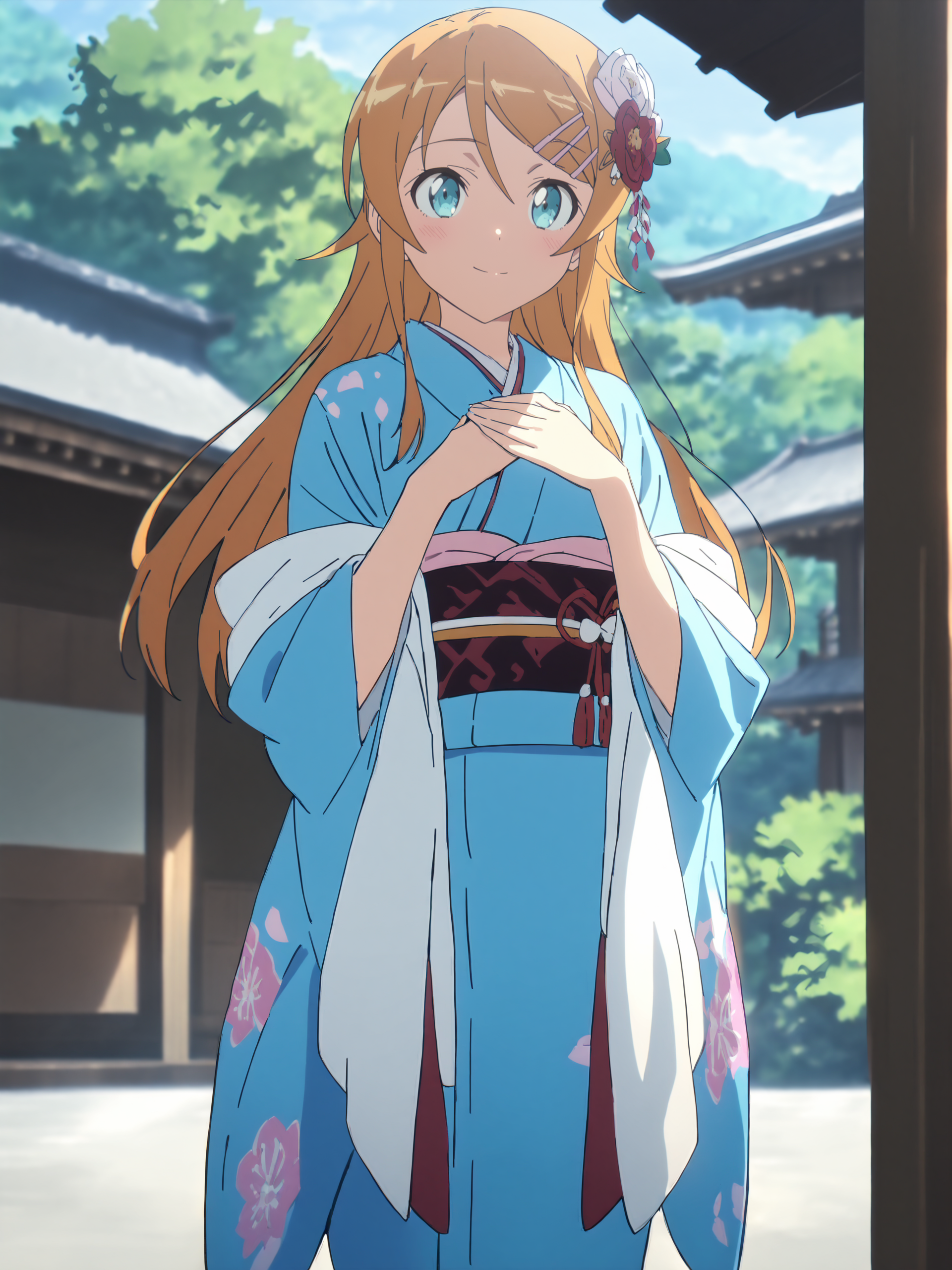 masterpiece, high score, great score, absurdres, anime screenshot, anime coloring,  <lora:Char-Kousaka_Kirino-V1-SDXL:0.9:hr=0.7>, 1girl, kousaka kirino, hair clip, solo, kimono, hair flower, obi, sash, tabi, standing, cowboy shot, hands on own chest, light smile, east asian architecture, outdoors, blurry background, masterpiece