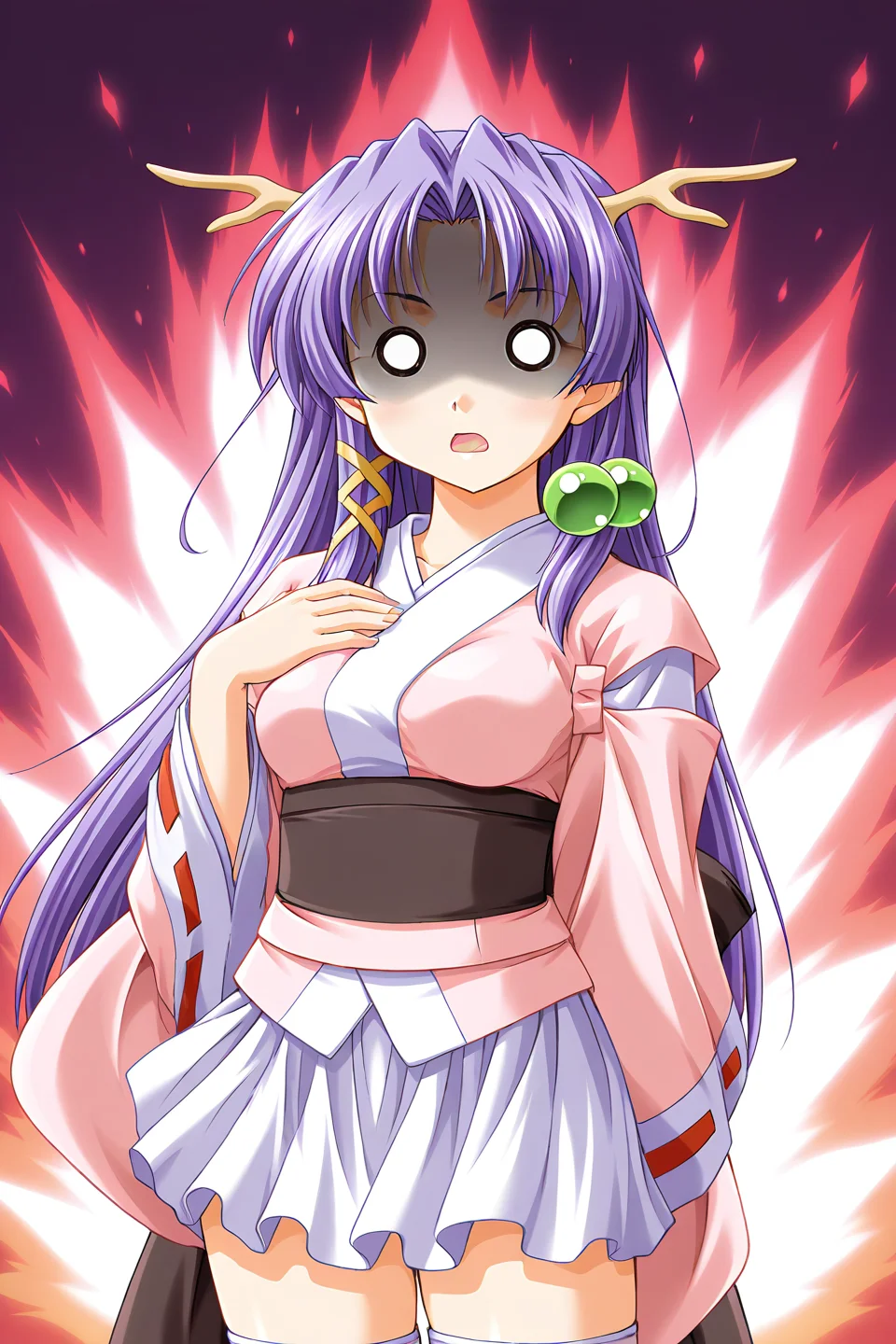 masterpiece, best quality, absurdres, official art, official style, general BREAK <lora:shizuna-torakapu_IL_v1-1:0.7>, shizuna, 1girl, solo, red eyes, purple hair, very long hair, parted bangs, hair intakes, sidelocks, hair bobbles, x hair ornament, medium breasts, dragon girl, dragon horns, japanese clothes, pink kimono, short kimono, long sleeves, wide sleeves, detached sleeves, red ribbon, ribbon-trimmed sleeves, obi, black sash, back bow, black bow, white skirt, miniskirt, pleated skirt, kimono skirt, zettai ryouiki, white thighhighs,
blush, arm behind back, collarbone, comic, fire, hand on own chest, looking at viewer, mad, meme, no pupils, o o, open mouth, parody, red aura, shaded face, solid circle eyes, standing