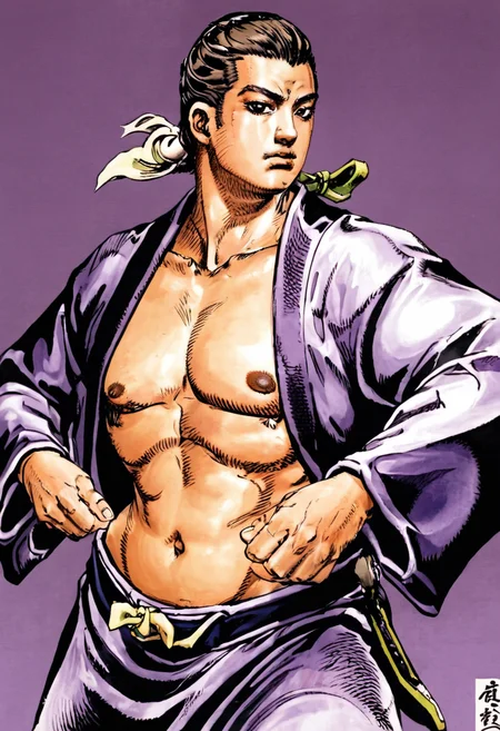 best quality, close up, a strong man in fighting pose in kimono with big body, detailed face, by araki hirohiko ,<lora:araki_hirohiko-000016:0.7>  <lora:add-detail-xl:0.4>
