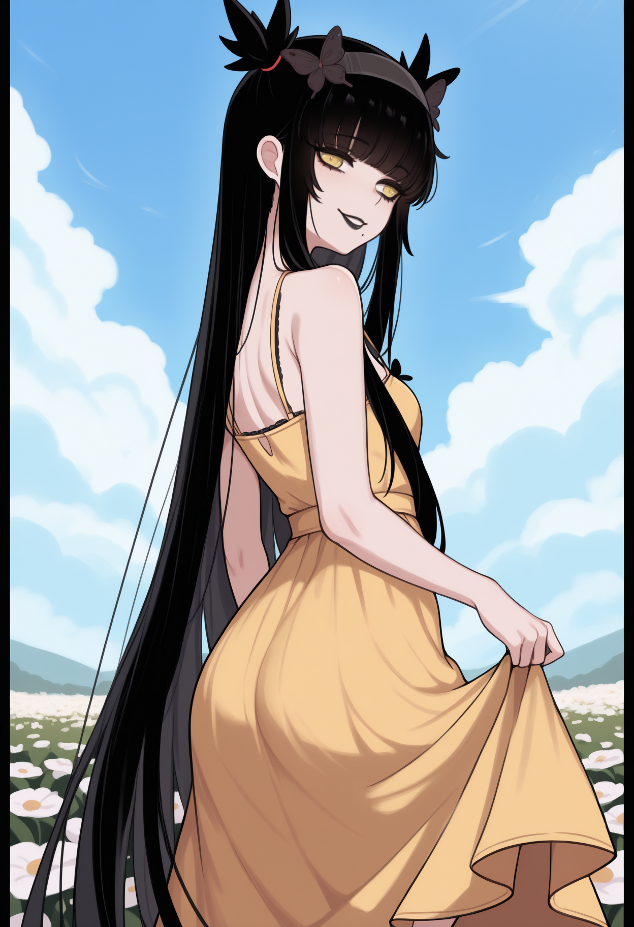 masterpiece, best quality, from behind, solo, 1girl, oph3lia, mole under mouth, black lips, smile, looking back, skirt hold, long hair, black hair, blunt bangs, sidelocks, two side up, butterfly hair ornament, black hairband, yellow eyes, yellow sundress, spaghetti strap, bare shoulders, outdoors, blue sky, cloud, flower field
<segment:yolo-Anzhc Face seg 640 v2 y8n.pt,0.4,0.5//cid=1>