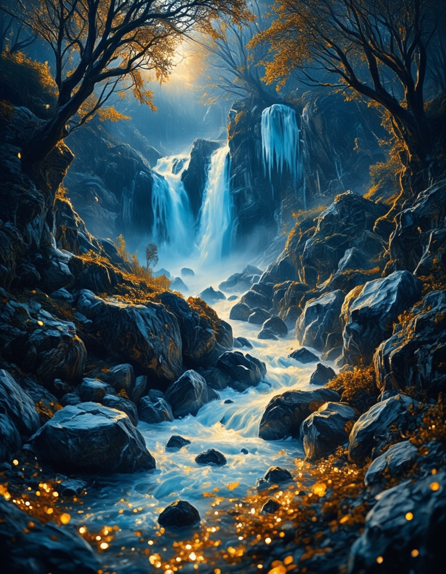 <lora:Medieval_Worlds_Scenery01bflux:1> mwl01, scenery, bokeh, trees, fantasy, rocks, shiny diamonds, photo, small river, in a cave, frozen walls, waterfall, gold, blue, marble, T1