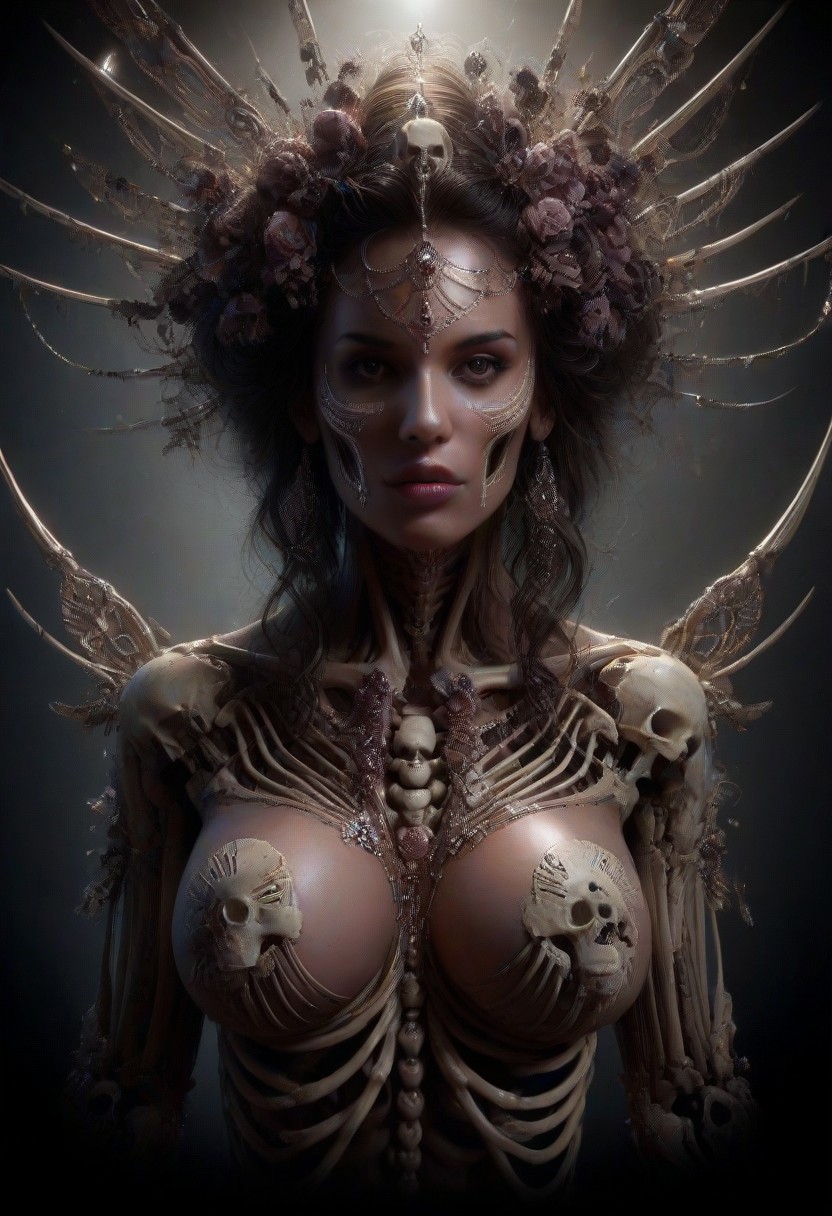 Intricately detailed skeleton succubus, Long voluminous hair, large perky breasts, Vibrant dark color scheme,  beautiful masterpiece, digital art, dark fantasy, best quality, ultra detailed, hires, 8k uhd, radiant cinematic lighting