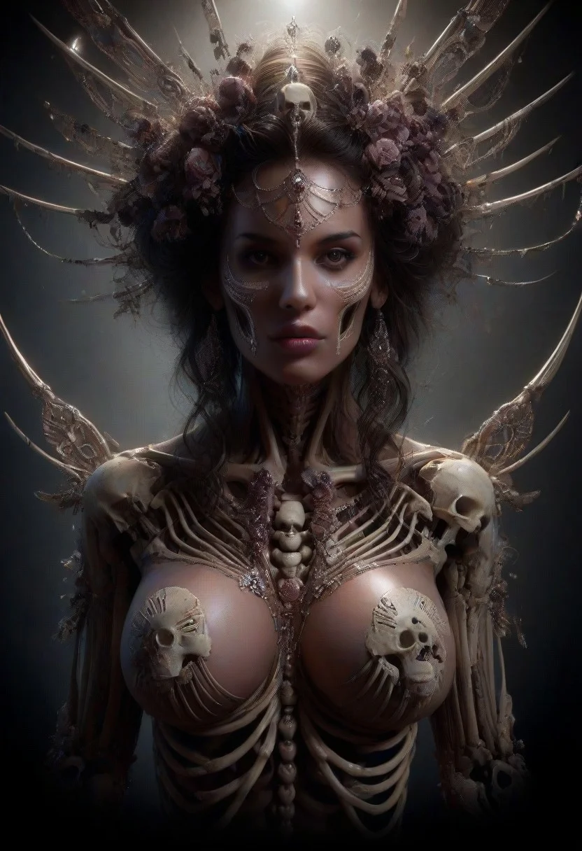 Intricately detailed skeleton succubus, Long voluminous hair, large perky breasts, Vibrant dark color scheme, beautiful masterpiece, digital art, dark fantasy, best quality, ultra detailed, hires, 8k uhd, radiant cinematic lighting