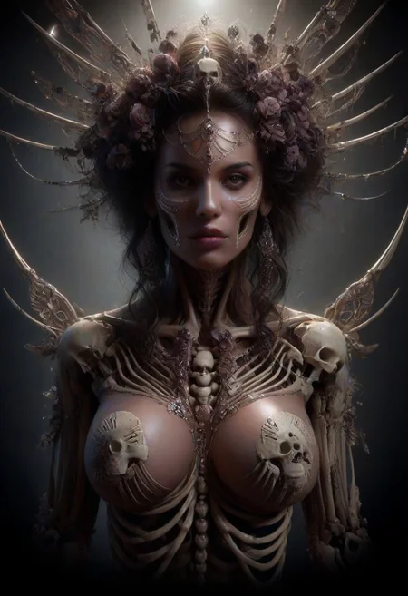 Intricately detailed skeleton succubus, Long voluminous hair, large perky breasts, Vibrant dark color scheme, beautiful masterpiece, digital art, dark fantasy, best quality, ultra detailed, hires, 8k uhd, radiant cinematic lighting