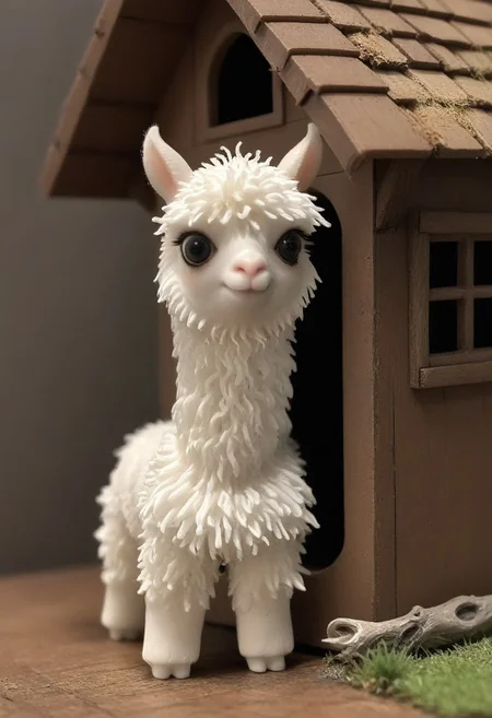 a fluffy miniature alpaca in 3d printed house, CreepyCuteMagical