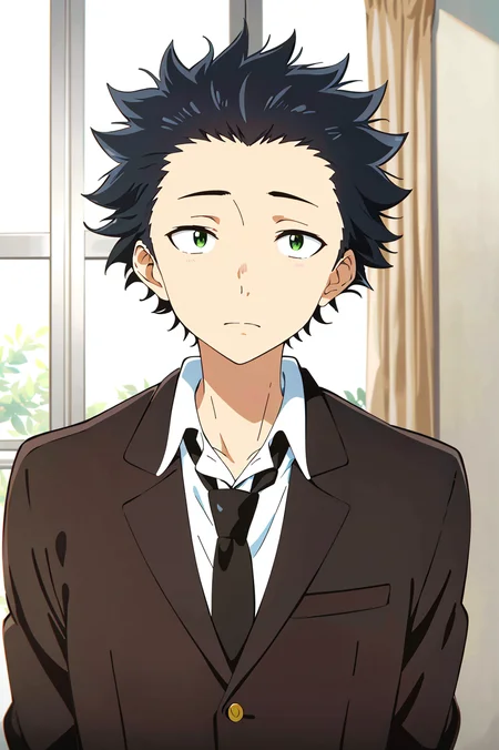 koe no katachi, 1boy, male focus, solo, black hair, looking at viewer, necktie, school uniform, indoors, letterboxed, window, anime coloring, parody, shirt, jacket, upper body, green eyes, collared shirt, spiked hair, blurry, brown jacket, closed mouth, fake screenshot, curtains, ((masterpiece)) <lora:koe_no_katachi_offset:1>