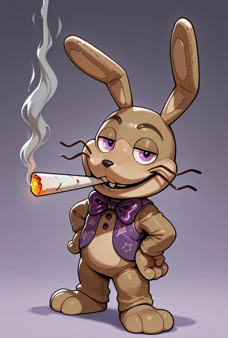 <lora:glitchtrap-04:1> glitchtrap, smile, purple bowtie, purple vest, , furry, 1boy, rabbit ears,  <lora:doobie_ralsei-il:1> mikus-concept, standing, hands on hips, smoking, large cigarette, smoke, chibi, masterpiece, best quality, amazing quality, very aesthetic, absurdres, newest,