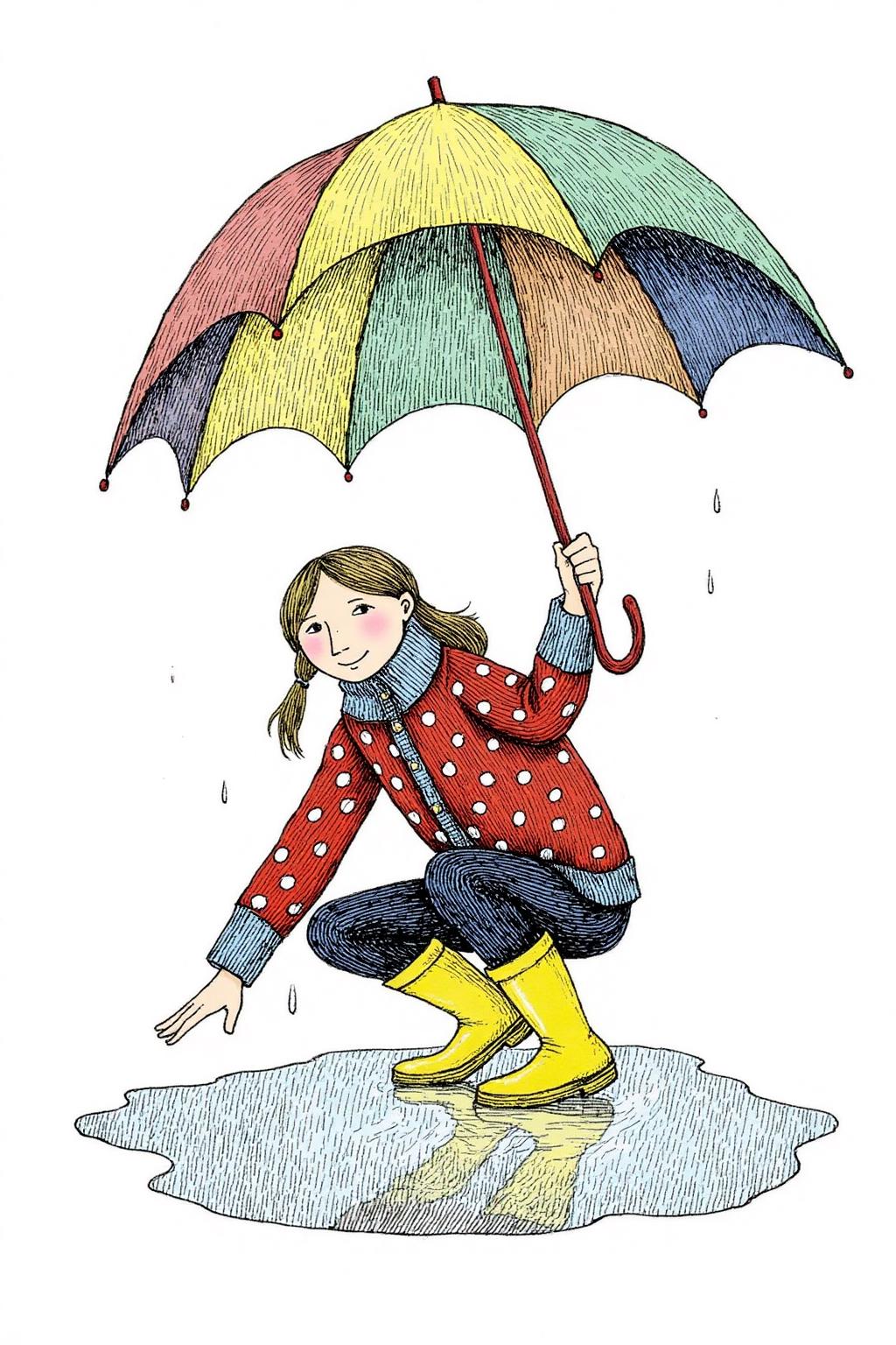 edwardgorey1 illustration.
A young woman, angled from slightly above and to the right, crouching low to the ground in a puddle. The young woman is wearing bright yellow rubber boots and a red jacket with white polka dots. The jacket sleeves are pushed up to reveal blue cuffs. The young woman also wears dark blue jeans and has a smile on her face as she extends her right index finger to touch the water in the puddle. She holds a large, open umbrella with rainbow-colored panels and a red handle over her.
 <lora:edwardgorey1_d8a4e9:1.0><lora:864755766907679845:0>