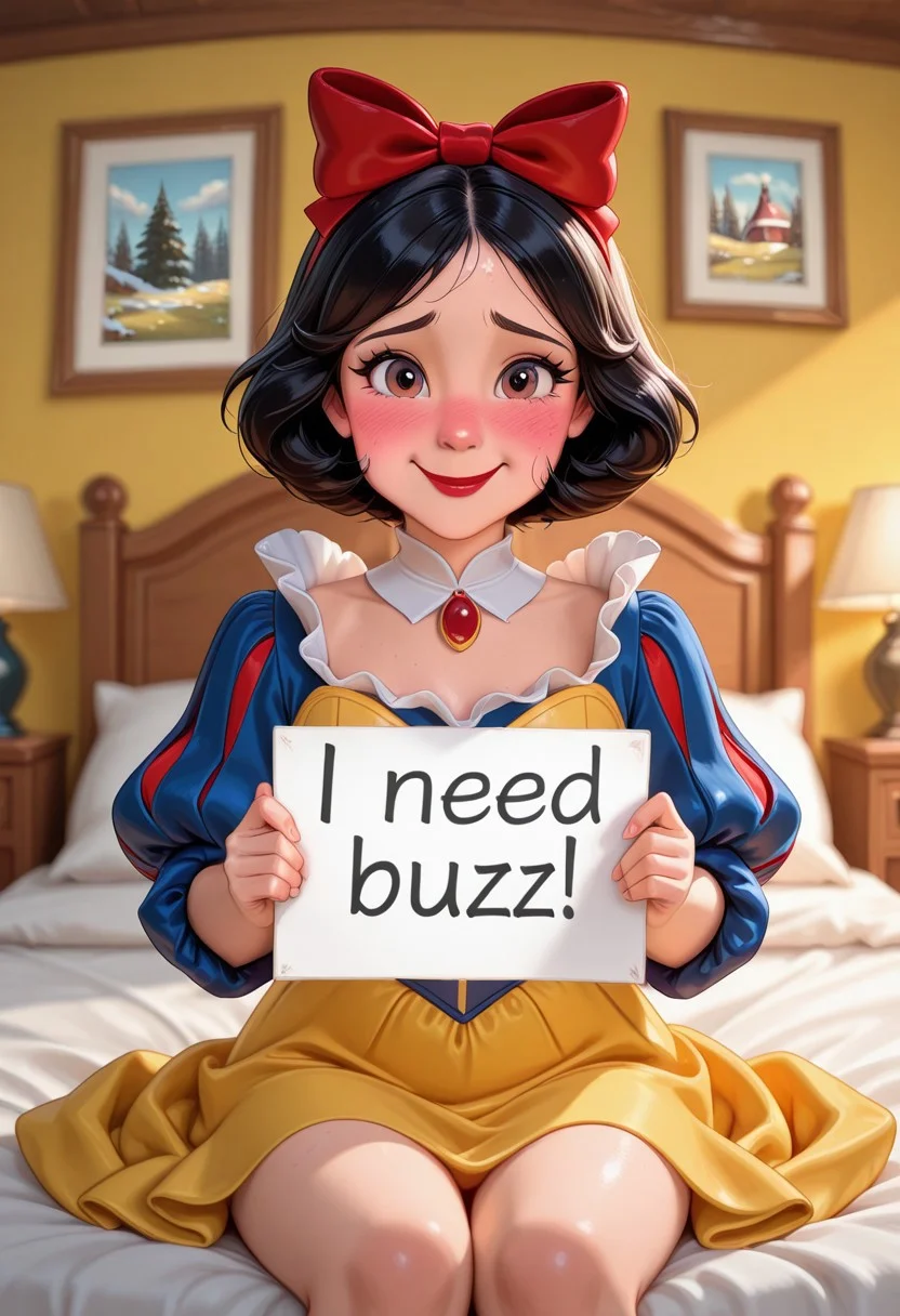 score_9, score_8_up, score_7_up, masterpiece, best quality, DISNEY_ANIMATION, 1girl, solo, smile, Black bobbed hair, red bow, fair skin, rosy cheeks, red lips, brown eyes, blue and yellow dress, white collar, puffed sleeves, snow white, indoors, bedroom, sitting on bed, nervous, blushing, detailed room background, front view, looking at the viewer BREAK need_buzz, holding sign