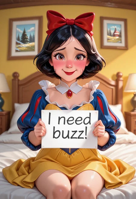 score_9, score_8_up, score_7_up, masterpiece, best quality, DISNEY_ANIMATION, 1girl, solo, smile, Black bobbed hair, red bow, fair skin, rosy cheeks, red lips, brown eyes, blue and yellow dress, white collar, puffed sleeves, snow white, indoors, bedroom, sitting on bed, nervous, blushing, detailed room background, front view, looking at the viewer BREAK need_buzz, holding sign