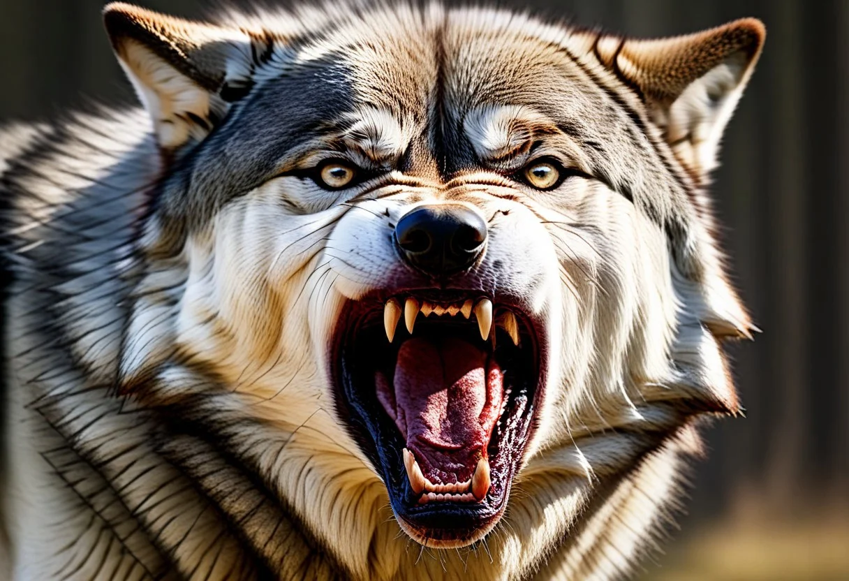 ultra-realistic rendering in phoro-realistic style with high quality, excellent resolution, clear, detailed and well-focused images, detailed and correct anatomy, depicting a portrait of a huge ((wolf )), tearing its prey with its sharp teeth, blood in the mouth, aggressive behavior ,fury,dynamic pose,