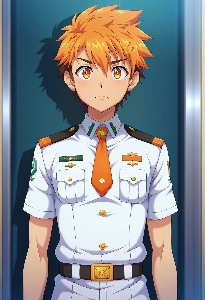 masterpiece, best quality, intricate details, anime screencap, , official style, , , 1boy, solo, male focus, <lora:hiro_akiba_ilxl:0.96>, hiro_akiba, orange hair, orange eyes, short hair, uniform, ,