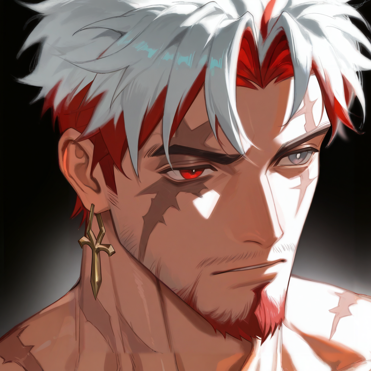 <lora:Scar:.8> scar_wuwa, multicolored hair, white hair, red hair, heterochromia, red eyes, grey eyes, earrings, scars
face focus, close-up, 
(very short hair, beard, bara, mature, facial hair, stubble, beard, full beard, sideburn, beard, a lot of beard, ), facial hair,male focus, muscular male, muscular male, bara, mature,  bara, mature, aixiwuganda_(20222192), very awa, masterpiece, best quality, absurdres, newest, perfect quality, detailed background, intricate details,
<lora:slider_Body Type_alpha1.0_rank4_noxattn_last:3><lora:style_Anime Summer Days 2 Style SDXL_LoRA_Pony Diffusion V6 XL:.6><lora:slider_cfg_scale_boost:.7><lora:Artist6p:.55>, Artist6p, Artist04p,<lora:slider_il_brightness_slider_d1:-1><lora:slider_il_contrast_slider_d1:-1><lora:slider_DarkSlider1.2_alpha1.0_rank16_full_300steps:-.6>
