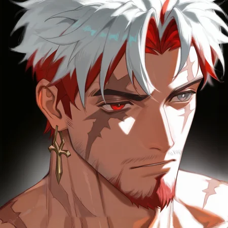 <lora:Scar:.8> scar_wuwa, multicolored hair, white hair, red hair, heterochromia, red eyes, grey eyes, earrings, scars
face focus, close-up, 
(very short hair, beard, bara, mature, facial hair, stubble, beard, full beard, sideburn, beard, a lot of beard, ), facial hair,male focus, muscular male, muscular male, bara, mature,  bara, mature, aixiwuganda_(20222192), very awa, masterpiece, best quality, absurdres, newest, perfect quality, detailed background, intricate details,
<lora:slider_Body Type_alpha1.0_rank4_noxattn_last:3><lora:style_Anime Summer Days 2 Style SDXL_LoRA_Pony Diffusion V6 XL:.6><lora:slider_cfg_scale_boost:.7><lora:Artist6p:.55>, Artist6p, Artist04p,<lora:slider_il_brightness_slider_d1:-1><lora:slider_il_contrast_slider_d1:-1><lora:slider_DarkSlider1.2_alpha1.0_rank16_full_300steps:-.6>