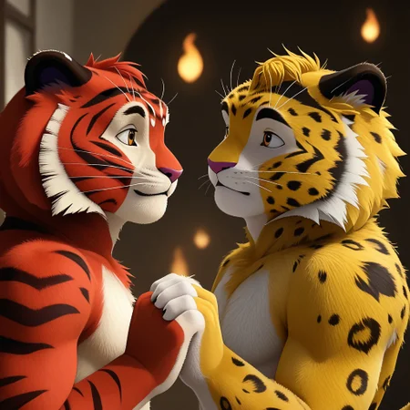 score_9, score_8_up, score_7_up, text by zBodiRD,
leoandtig, crossover, tiger, white background, leo, leopard, yellow fluffy leopard, the leopard's fur is short, soft and thick, bright yellow with small black dots, The tiger's body also seems full because of its thick fur. The body is large, strong, powerful and dense. The paws are heavy, strong, wide and powerful - well adapted for fighting, The fur is fluffy, long, thick, soft and warm, fiery orange, almost red in color, There are thin black stripes all over the body (they are missing only between the eyes),
dutch angle, high quality, hires, anthro, detailed background, detailed eyes, emotional, easy negative, teeth, blurry background, furry, pectorals, furry_male, furry, (Beautiful colors), (colorful), bright colors, (highlighted),
different sizes of characters, they hold hands, balls, Split Lighting style