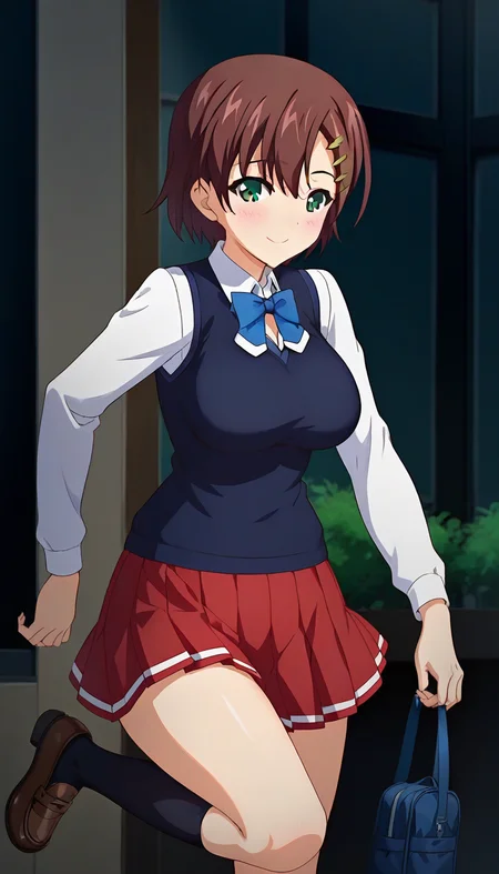 score_9,score_8_up,score_7_up,score_6_up BREAK official art,solo,outdoors,cowboy shot,looking at viewer,facing viewer,smile,blush,Sana Kuranaka,short hair,brown hair,hair ornament,hairclip,side swept bangs,green eyes,school uniform,sweater vest,black vest,blue bowtie,white shirt,collared shirt,large breasts,skindentation,long sleeves,microskirt,red skirt,pleated skirt,black socks,loafers,<lora:Sana Kuranaka(oc)-Pony:1.6>,