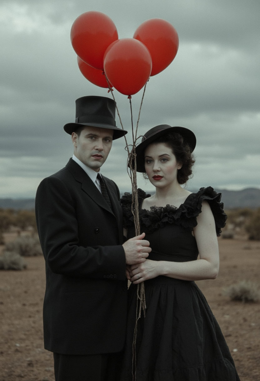 The eerie couple stands close together in a desolate landscape, as the wind rustles their costumes, creating a haunting atmosphere. The male clown, donning a dark top hat and vintage attire, grips a bunch of vibrant red balloons, while the female clown, clad in a ruffled, dark dress, gazes with an enigmatic expression. The gray sky looms ominously overhead, enhancing their spectral presence against the barren backdrop.. cinematic_1940s