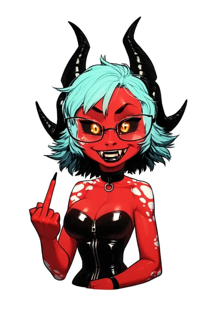 a furry sticker of, white outline:1.4, HCSV1, Helluvabossstyle, helluvastyle, HBstyle, by incase, score_9, score_8_up, score_7_up, score_6_up, score_5_up, best quality, highly detailed, intricate details, extremely detailed, masterpiece, 4k, fine details, subtle soft details, futanari, simple background, white background, ((Imp, demon)), ((red skin with white spots:1.4)), (((black sclera:1.4))), ((glowing orange eyes, orange iris, black pupils, split pupils)), (long demon tail), ((black ram horns:1.5)), ((long light teal hair:1.4)), ((purple slave collar)), ((black lipstick)), black eyeliner, plump, cute, medium breasts, cleavage, curvy, long fingerless gloves, large iris, 1girl, solo, (bust shot), eyes partially closed, light blue tongue, (latex leotard under clothes:1.3), black claws, detailed white teeth, smile, teeth, smiling, happy, mechwear, (corset), bdsm, pink latex bodysuit, zipper, skin tight, pink t-shirt, shorts, shortstack, Barbie Wire, underrim_metal, glasses, under-rim eyewear, black-framed eyewear, pink crop jacket, flippingthebird, middlefinger