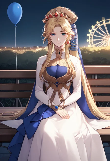 score_9, score_8_up, score_7_up, highres, (best quality:1.1), masterpiece, absurdes, 1girl, solo, long hair, looking at viewer, sad smile, standing, outdoors, night, bench, balloon, lamppost, ferris wheel, <lora:fenyna-pdxl-nvwls-v1-000005:1> fenyna, blonde hair, hair ribbon, crown, white dress, long dress, long sleeves, large breasts, sitting, upper body