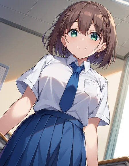 score_9, score_8_up, score_7_up, source_anime,
tawawaai, <lora:tawawa-ai-chan-ponyxl-lora-nochekaiser:1>,
ai, short hair, brown hair, green eyes, braid, side braid, smile,
skirt, shirt, jewelry, school uniform, white shirt, short sleeves, pleated skirt, earrings, necktie, collared shirt, blue skirt, blue necktie,
indoors, classroom,
looking at viewer, dutch angle, cowboy shot,