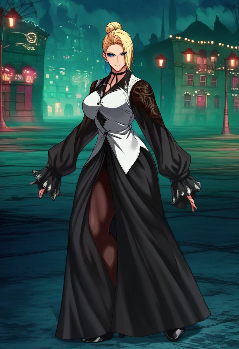 score_9, score_8_up, score_7_up, score_6_up, source_anime, 1girl, 18 years old girl maturekfsXV, , (big breasts:1.5), (large cleavage), black shorts,pantyhose, hair bun, hair over one eye, blonde hair, blue eyes, eyeshadow , beautiful face, earrings, choker, long dress, black sleeves, long sleeves, white vest, black heeled boots,sexy smile, sensual smile, city, night, dramatic shadows, posing sexy, thighs , puffy nipples, high quality anime movie, , , wide shot ,Tbtniki style , raw, concept art, full body,