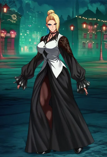 score_9, score_8_up, score_7_up, score_6_up, source_anime, 1girl, 18 years old girl maturekfsXV, , (big breasts:1.5), (large cleavage), black shorts,pantyhose, hair bun, hair over one eye, blonde hair, blue eyes, eyeshadow , beautiful face, earrings, choker, long dress, black sleeves, long sleeves, white vest, black heeled boots,sexy smile, sensual smile, city, night, dramatic shadows, posing sexy, thighs , puffy nipples, high quality anime movie, , , wide shot ,Tbtniki style , raw, concept art, full body,
